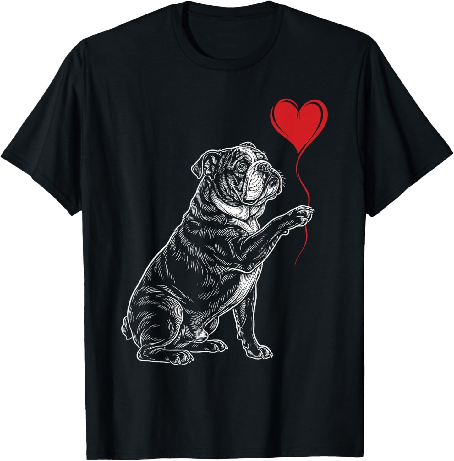 English Bulldog Dog Art Holding Heart Valentines T-Shirt - T-Shirt | Black