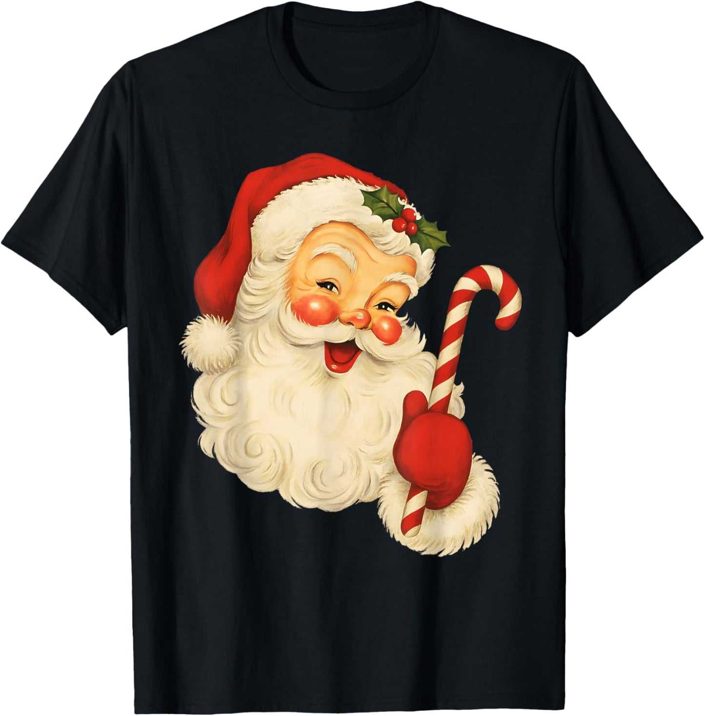 Vintage Retro Merry Christmas Santa Claus Face Candy Cane T-Shirt - T-Shirt | Black