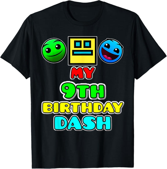 My 9th Birthday Dash Video Game Theme Kids Party Geometry T-Shirt - T-Shirt | Black