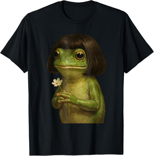 Funny Frog with Bob Wig Haircut Oil Painting Meme T-Shirt - T-Shirt | Black