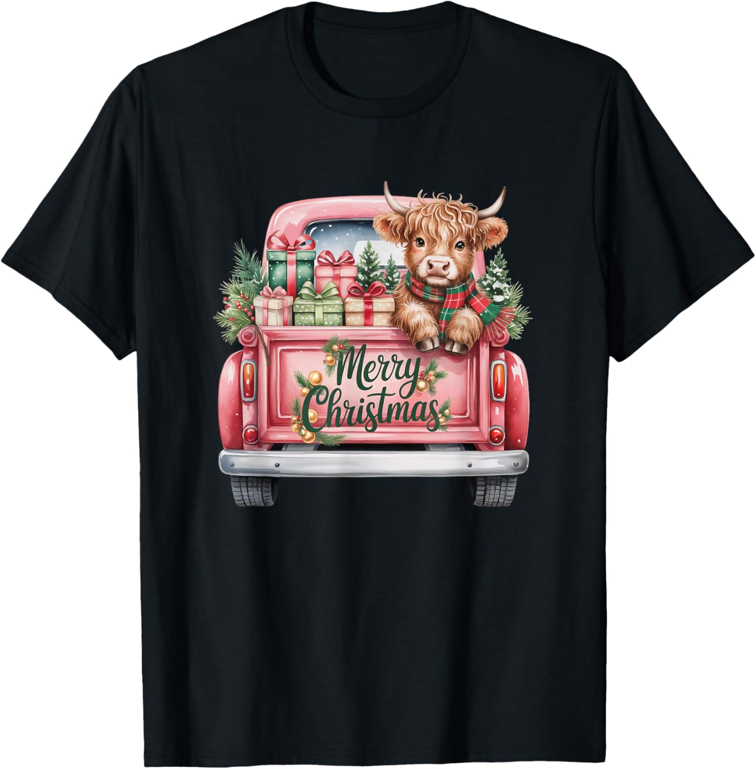 Merry Christmas Cow in Vintage Truck Design Mom T-Shirt - T-Shirt | Black