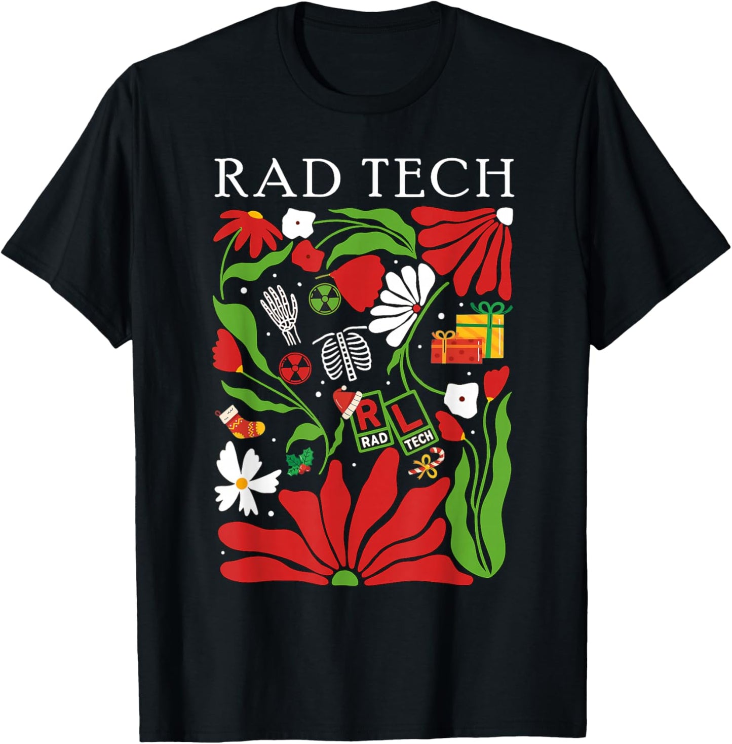 Christmas Radiology Boho Floral RAD Tech X-ray Technologist T-Shirt - T-Shirt | Black