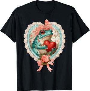 Vintage Valentine Frog with Heart Romantic Animal Coquette T-Shirt - T-Shirt | Black