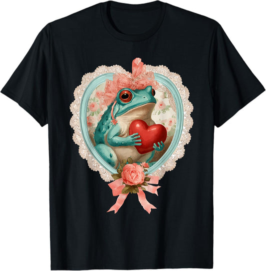 Vintage Valentine Frog with Heart Romantic Animal Coquette T-Shirt - T-Shirt | Black