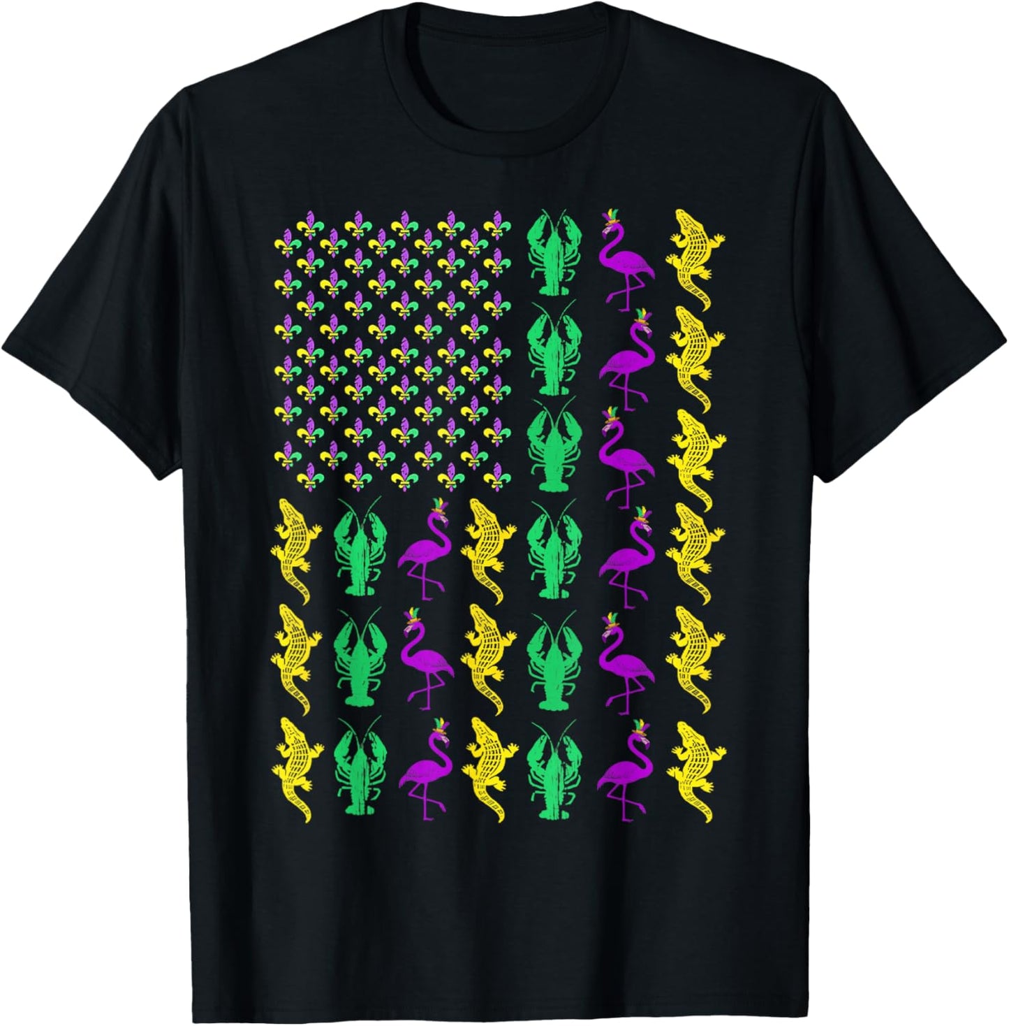 Mardi Gras American Flag Crawfish Flamingo Alligator Party T-Shirt - T-Shirt | Black