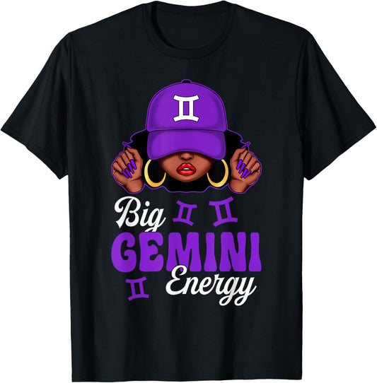 Big Gemini Energy Black Woman Purple Cap Zodiac Sign T-Shirt - T-Shirt | Black