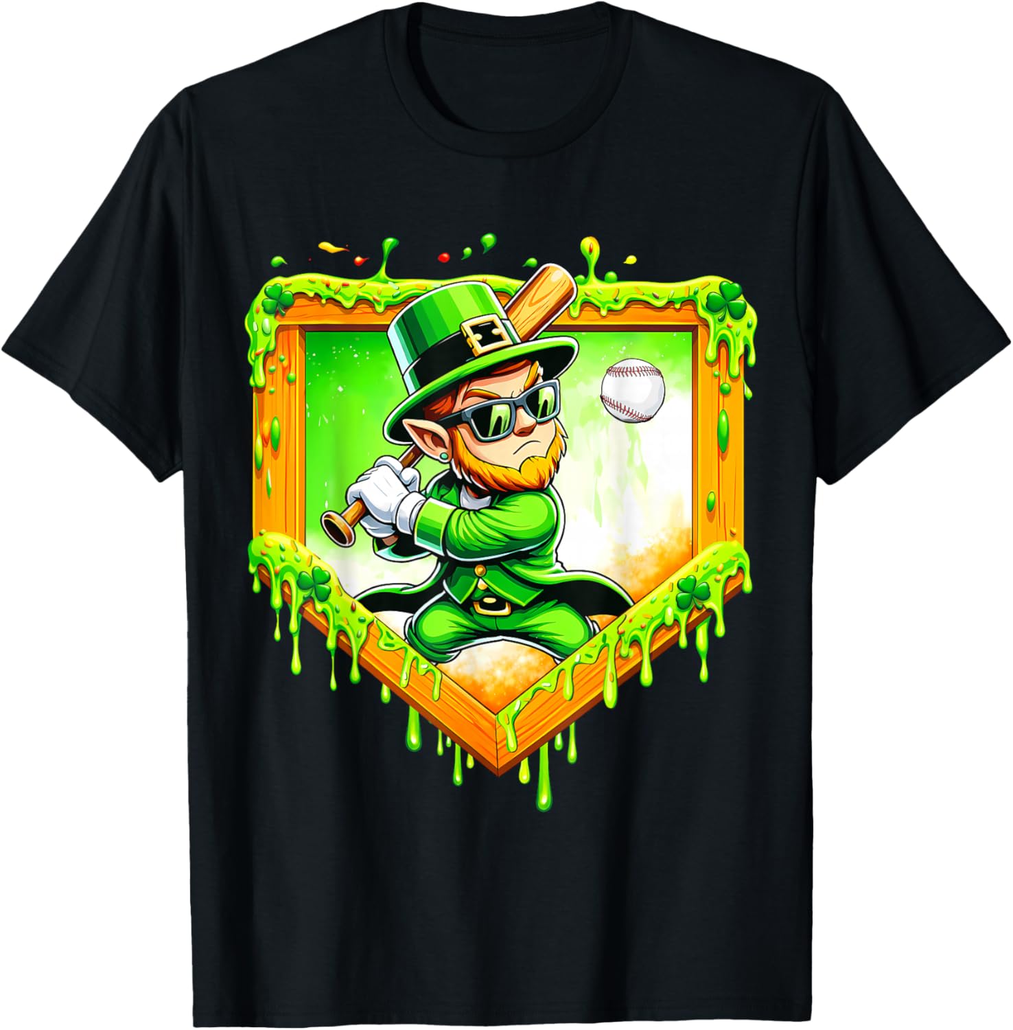 Leprechaun Baseball St Patricks Day Ice Cream Drip Men Boys T-Shirt - T-Shirt | Black