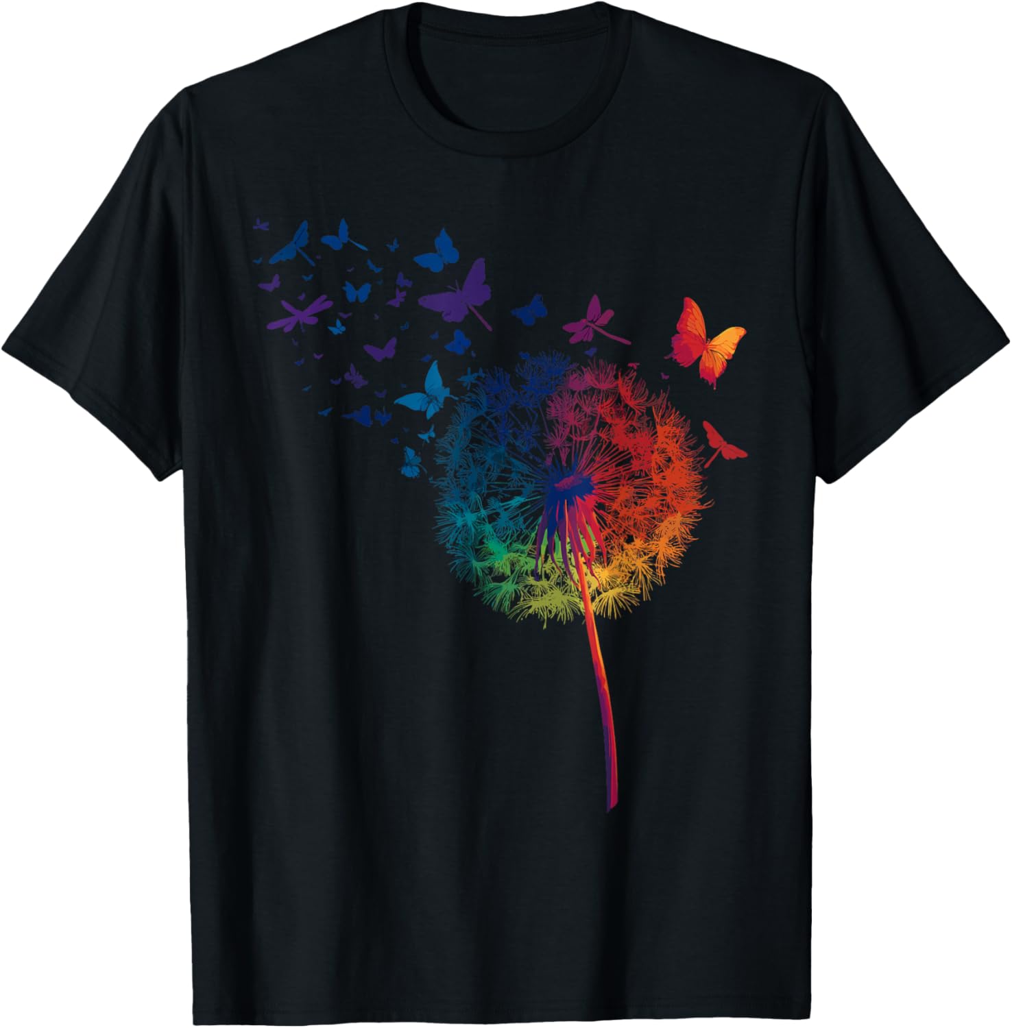 Rainbow Dandelion Spring Wildflower Minimalist Dragonfly T-Shirt - T-Shirt | Black