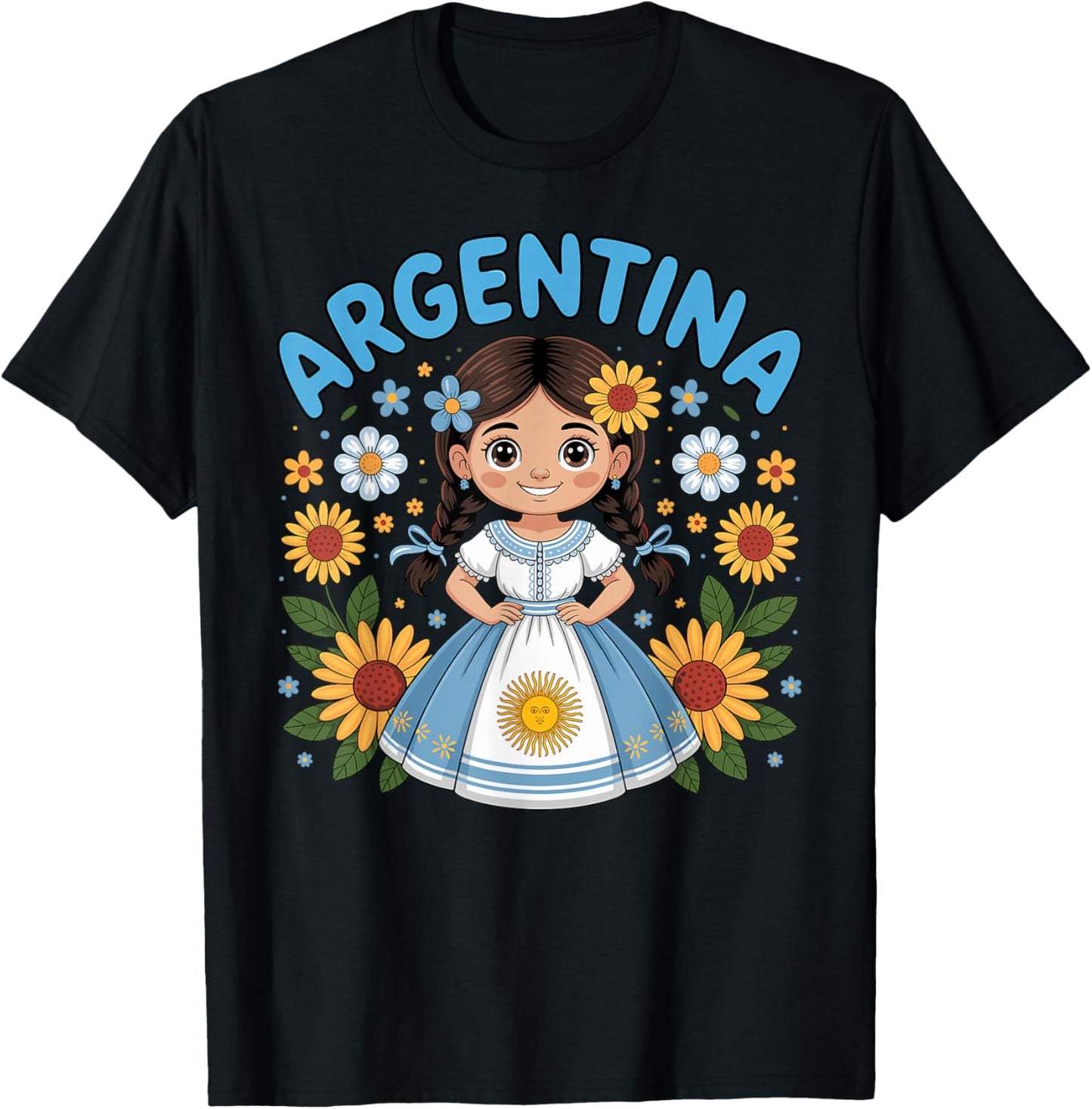 Cute Argentina Girl Traditional Dress with Sunflowers Kids T-Shirt - T-Shirt | Black
