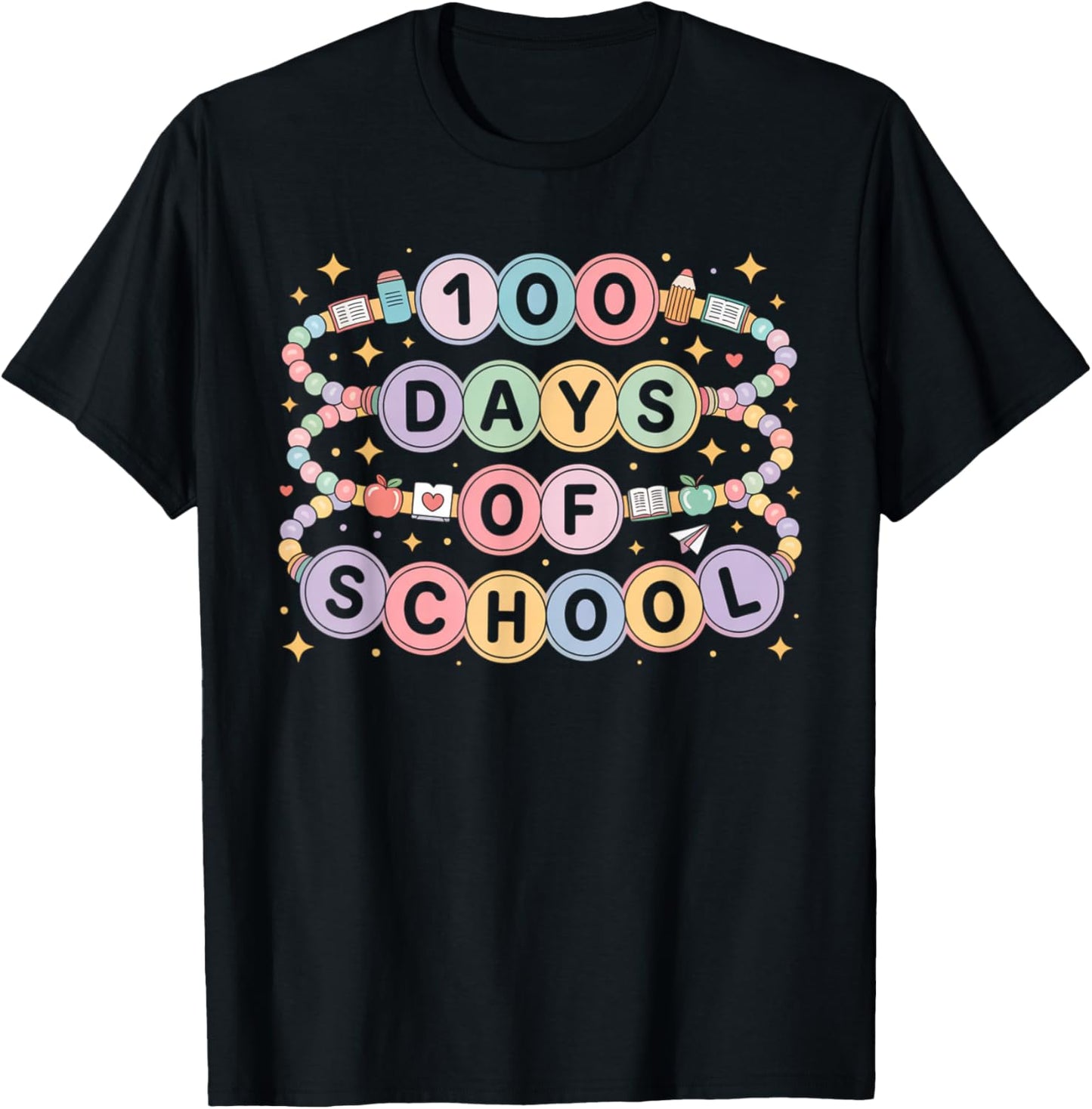 Cute 100 Days of School Beaded Bracelet Teacher Student T-Shirt - T-Shirt | Black