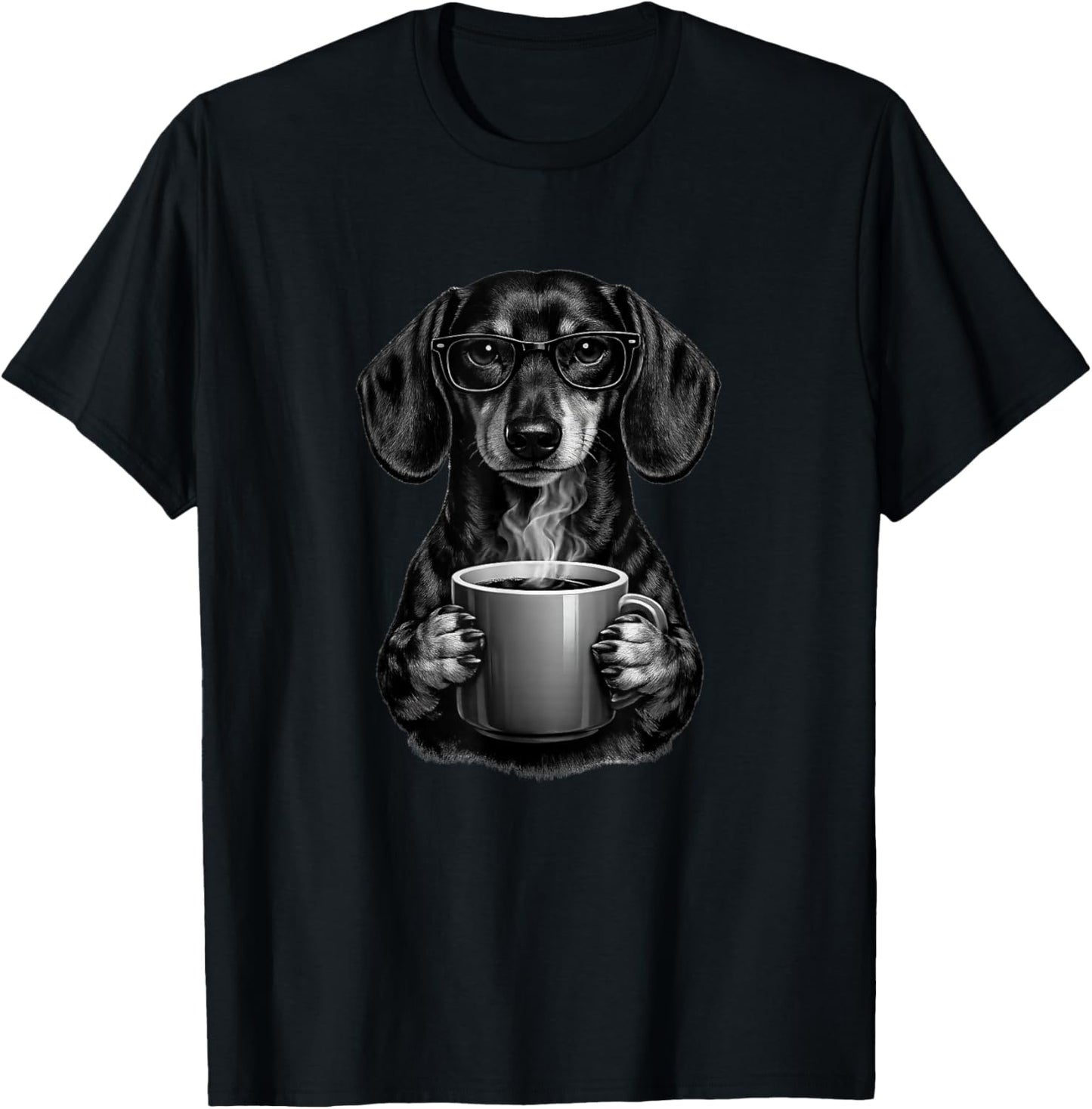 Funny Dachshund Coffee Lover Smart Wiener Dog with Glasses T-Shirt - T-Shirt | Black
