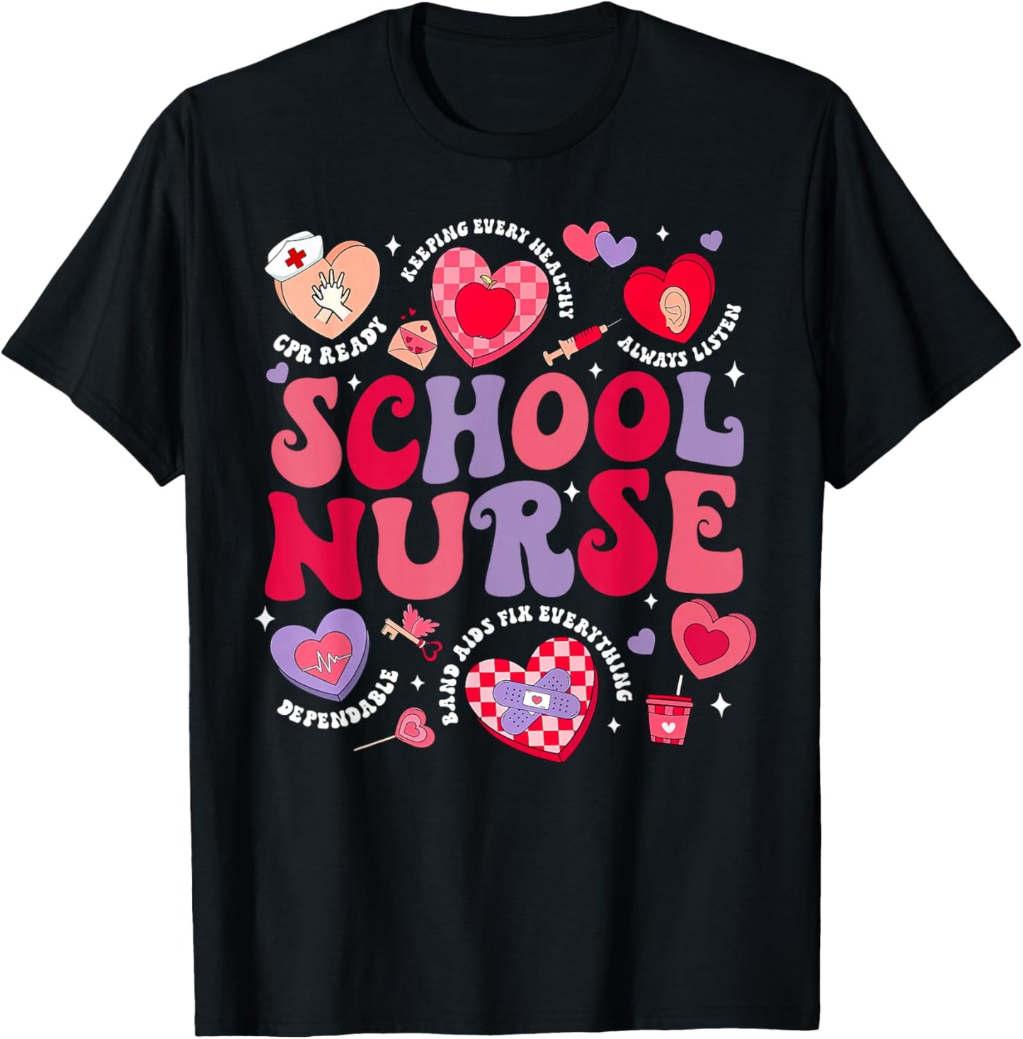 Retro School Nurse Valentines Day Nursing Medical Student T-Shirt - T-Shirt | Black