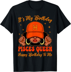 Pisces Girl Black Woman with Cap It's My Birthday Queen T-Shirt - T-Shirt | Black