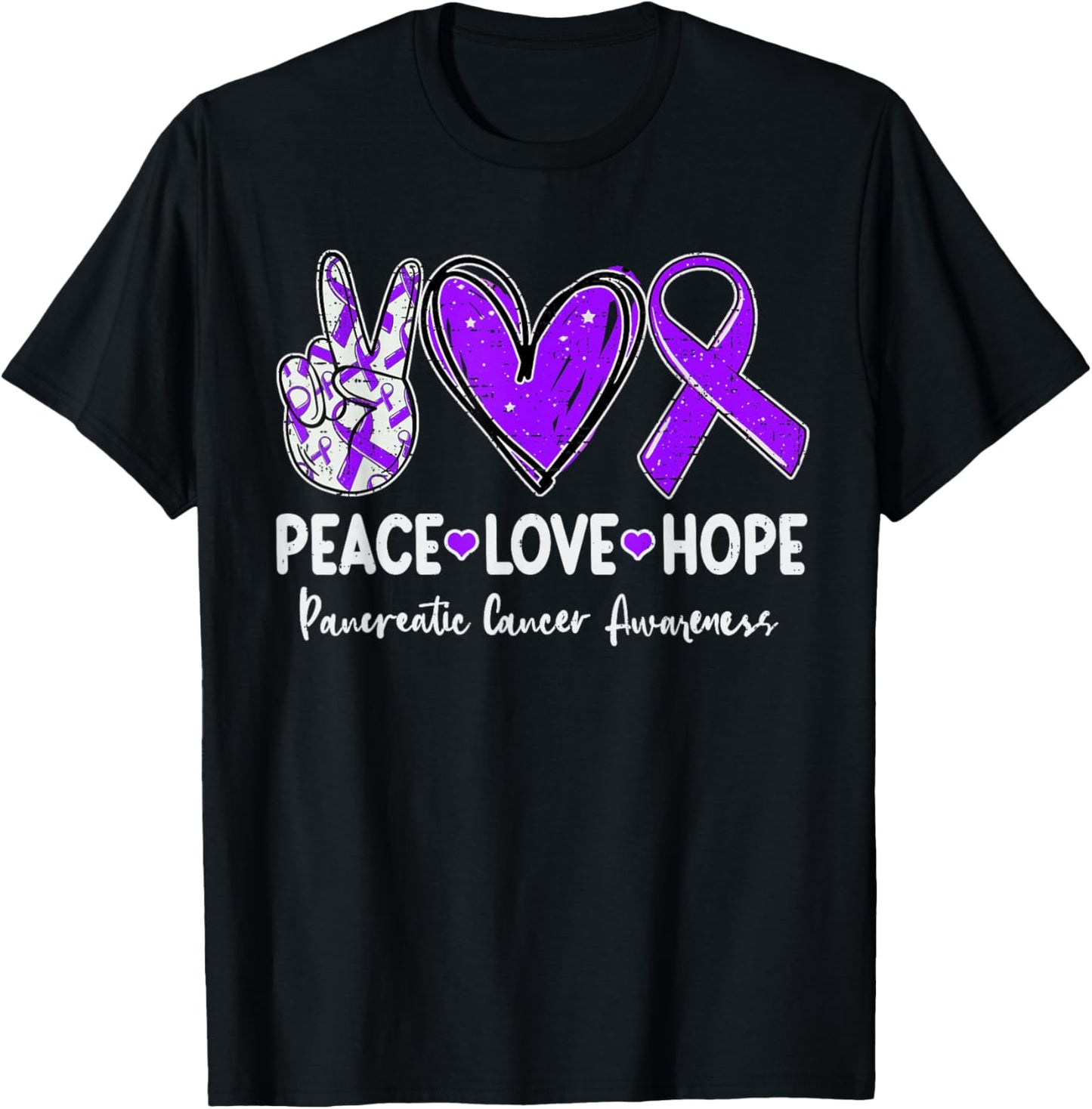 Peace Love Hope Pancreatic Cancer Awareness Ribbon Purple T-Shirt - T-Shirt | Black