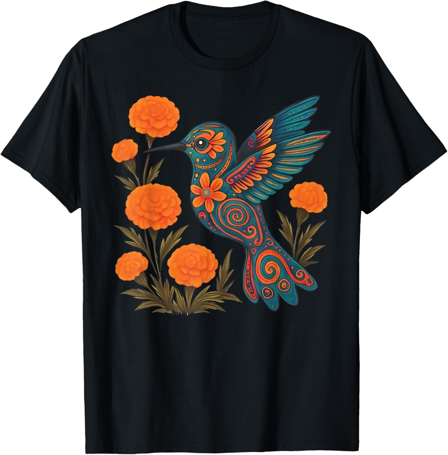 Alebrije Hummingbird Flower Mexican Folk Art Bird Nature T-Shirt - T-Shirt | Black