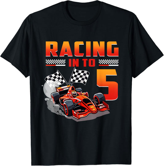 5 Year Old Birthday Boy Racing Car Theme Racing Into 5 T-Shirt - T-Shirt | Black