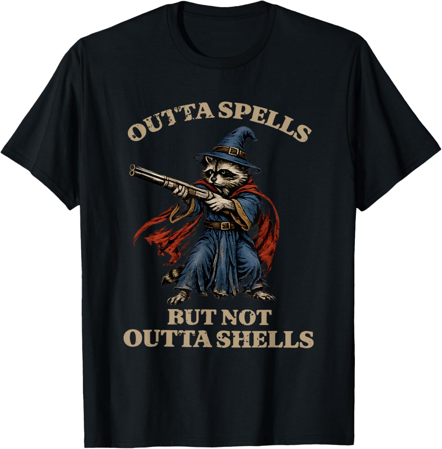 Outta Spells But Not Outta Shells Funny Wizard Raccoon Meme T-Shirt - T-Shirt | Black