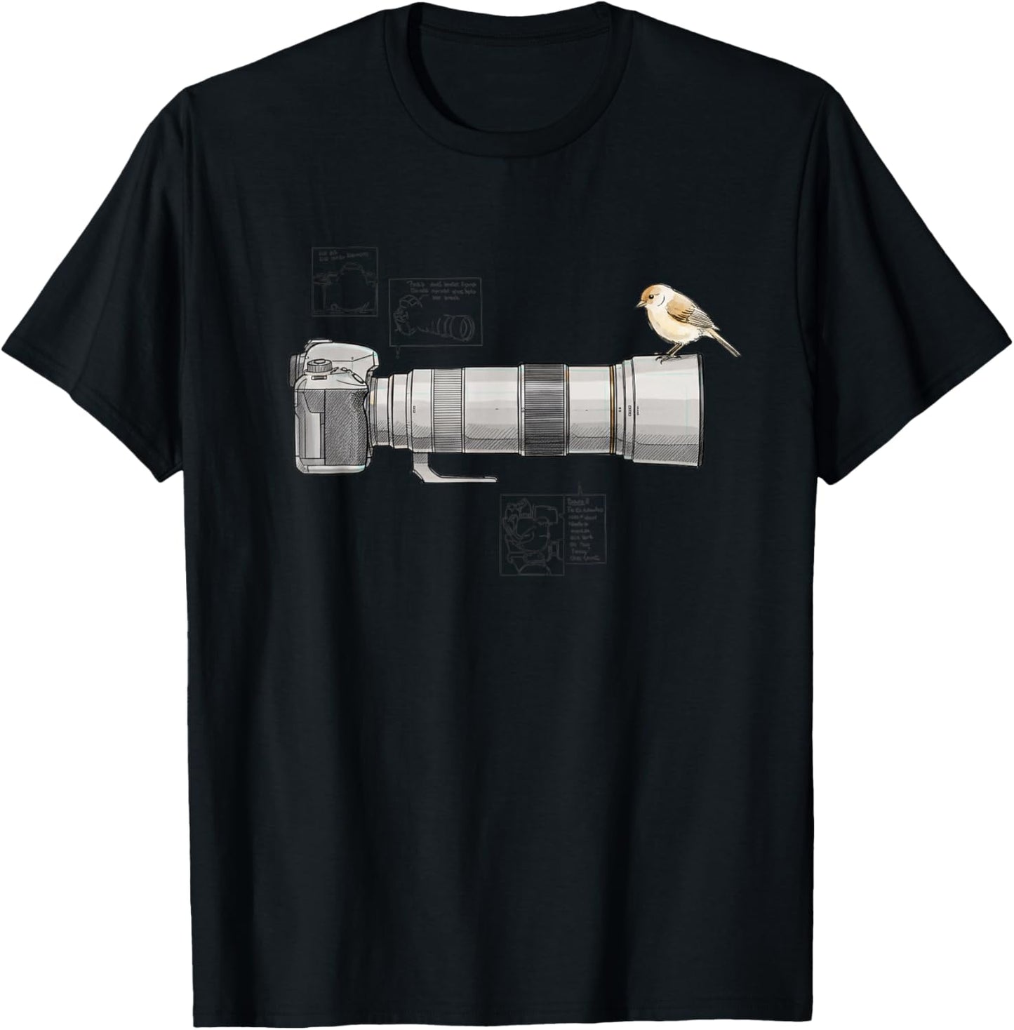 Bird Telephoto Buddy Camera & Perched Songbird Sketch T-Shirt - T-Shirt | Black