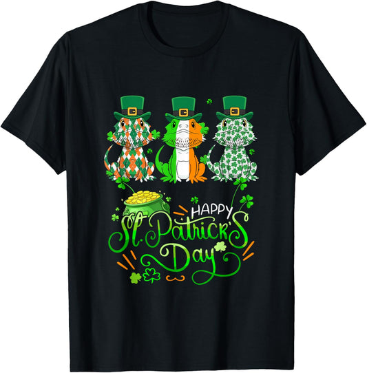 Three Cute Bearded Dragons Patrick's Day Ireland Flag T-Shirt - T-Shirt | Black