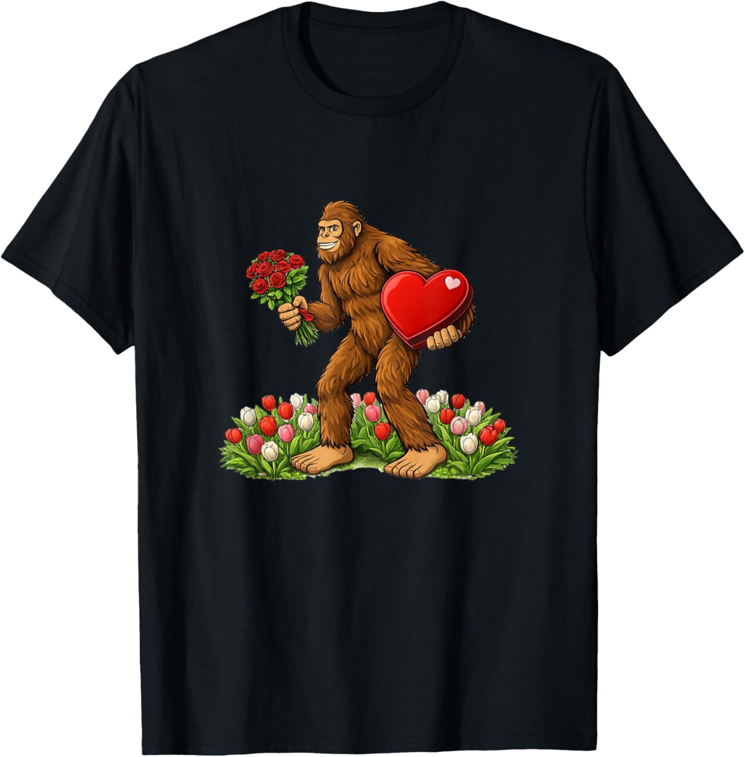Valentines Day Bigfoot with Flowers and a Chocolate Heart T-Shirt - T-Shirt | Black