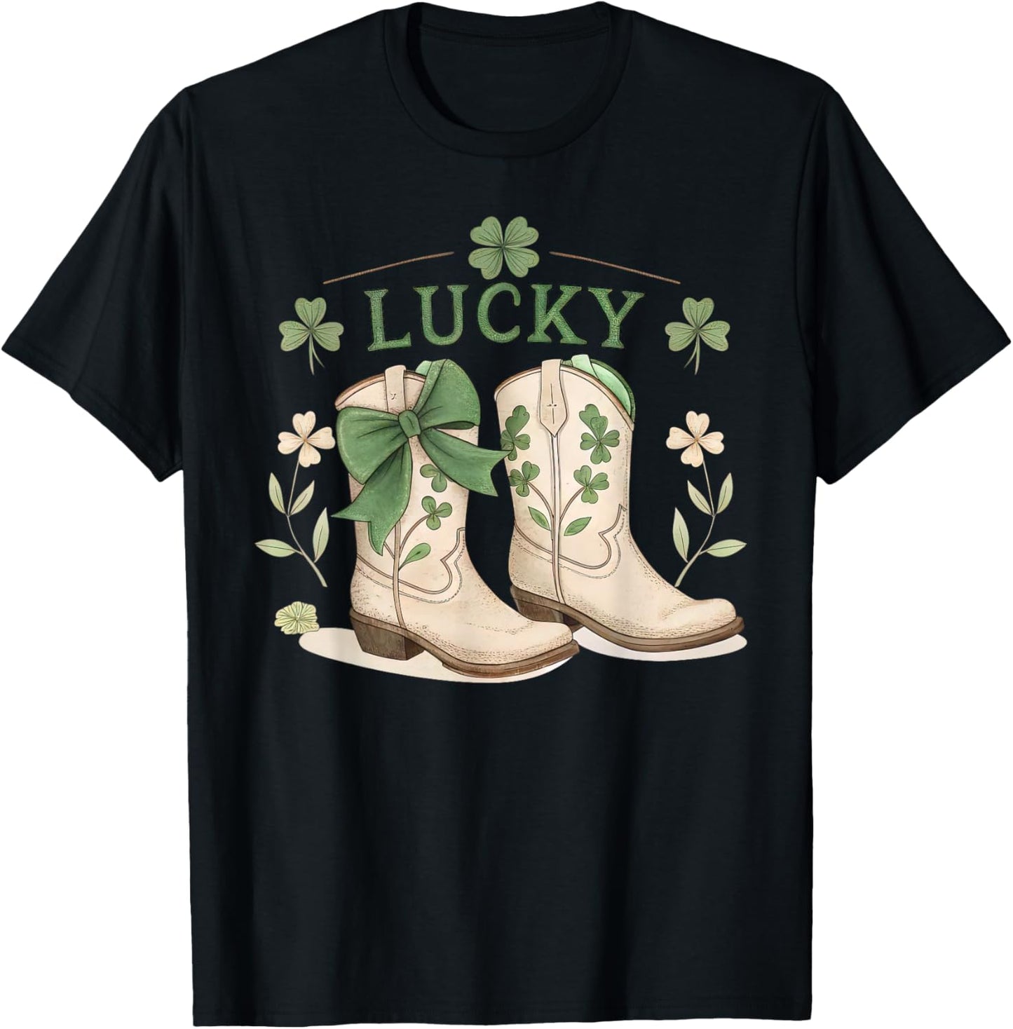 Coquette Cowgirl Boots Lucky Bow St Patricks Day Western T-Shirt - T-Shirt | Black