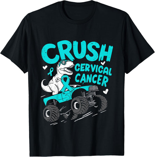 Crush Cervical Cancer Awareness Dino T rex Boys Toddler Kids T-Shirt - T-Shirt | Black
