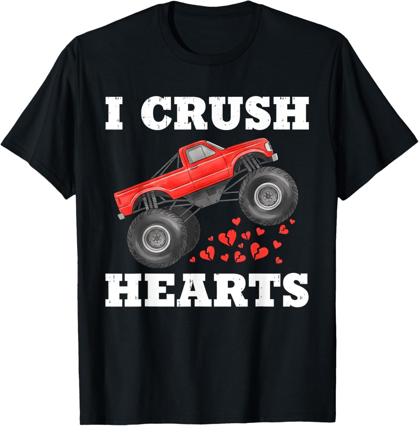 Monster Truck Teens Kids Boys I Crush Heart Valentines Day T-Shirt - T-Shirt | Black