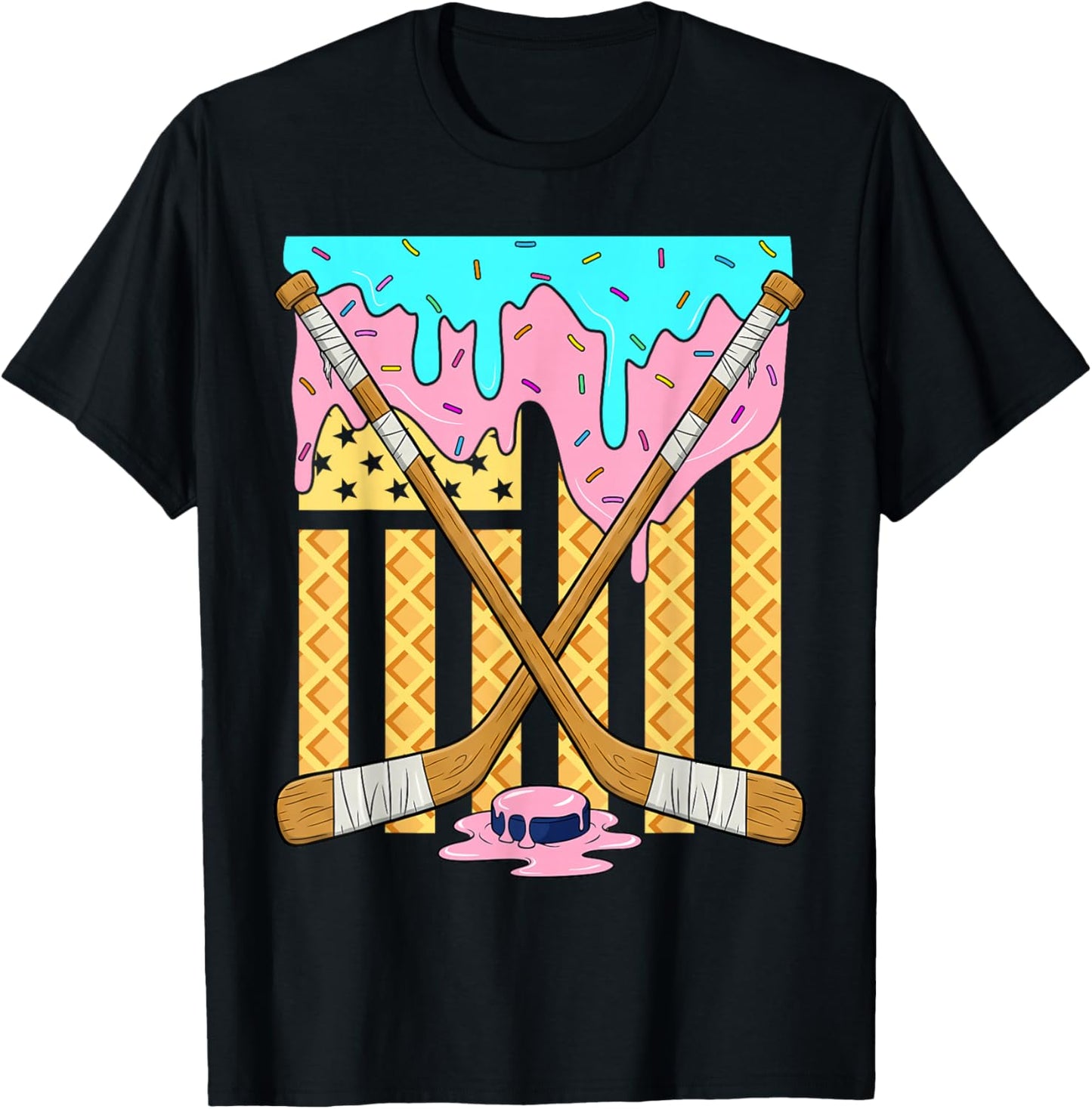 American Flag Ice Cream Drip Boys Ice Hockey Sport Player T-Shirt - T-Shirt | Black