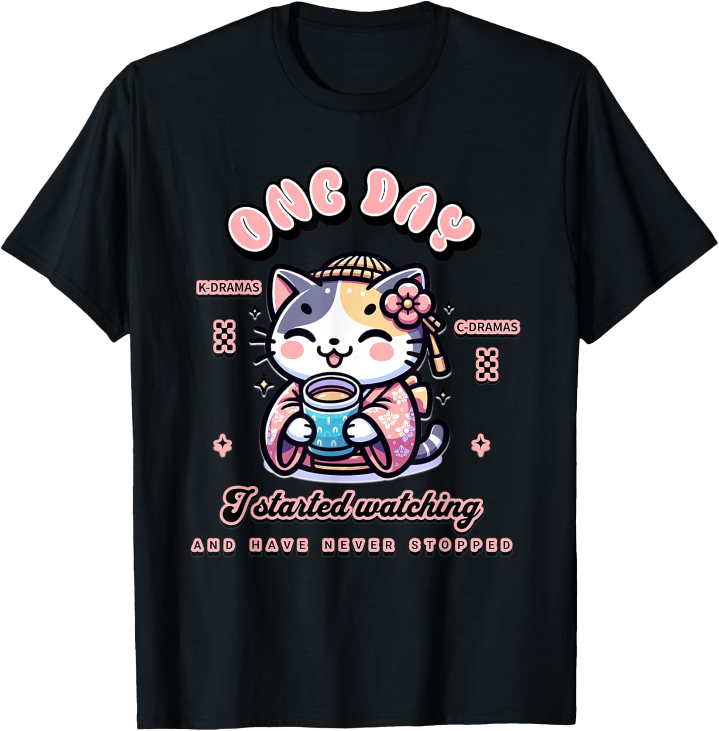 Cute Cat Watching K-Dramas and C-Dramas T-Shirt - T-Shirt | Black
