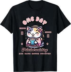 Cute Cat Watching K-Dramas and C-Dramas T-Shirt - T-Shirt | Black