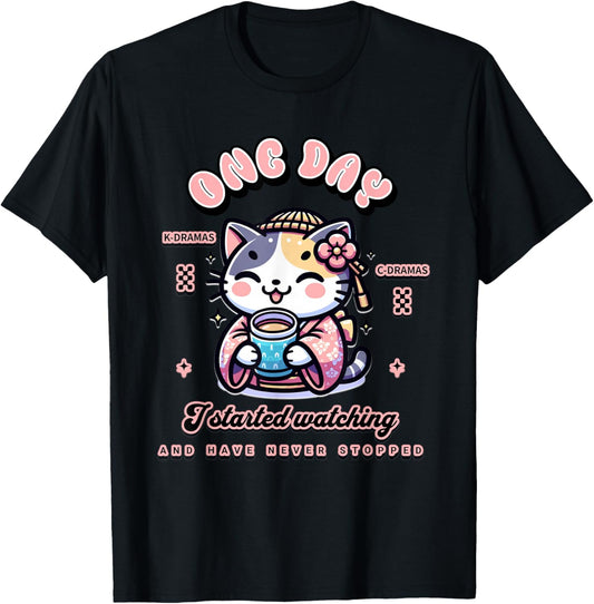 Cute Cat Watching K-Dramas and C-Dramas T-Shirt - T-Shirt | Black