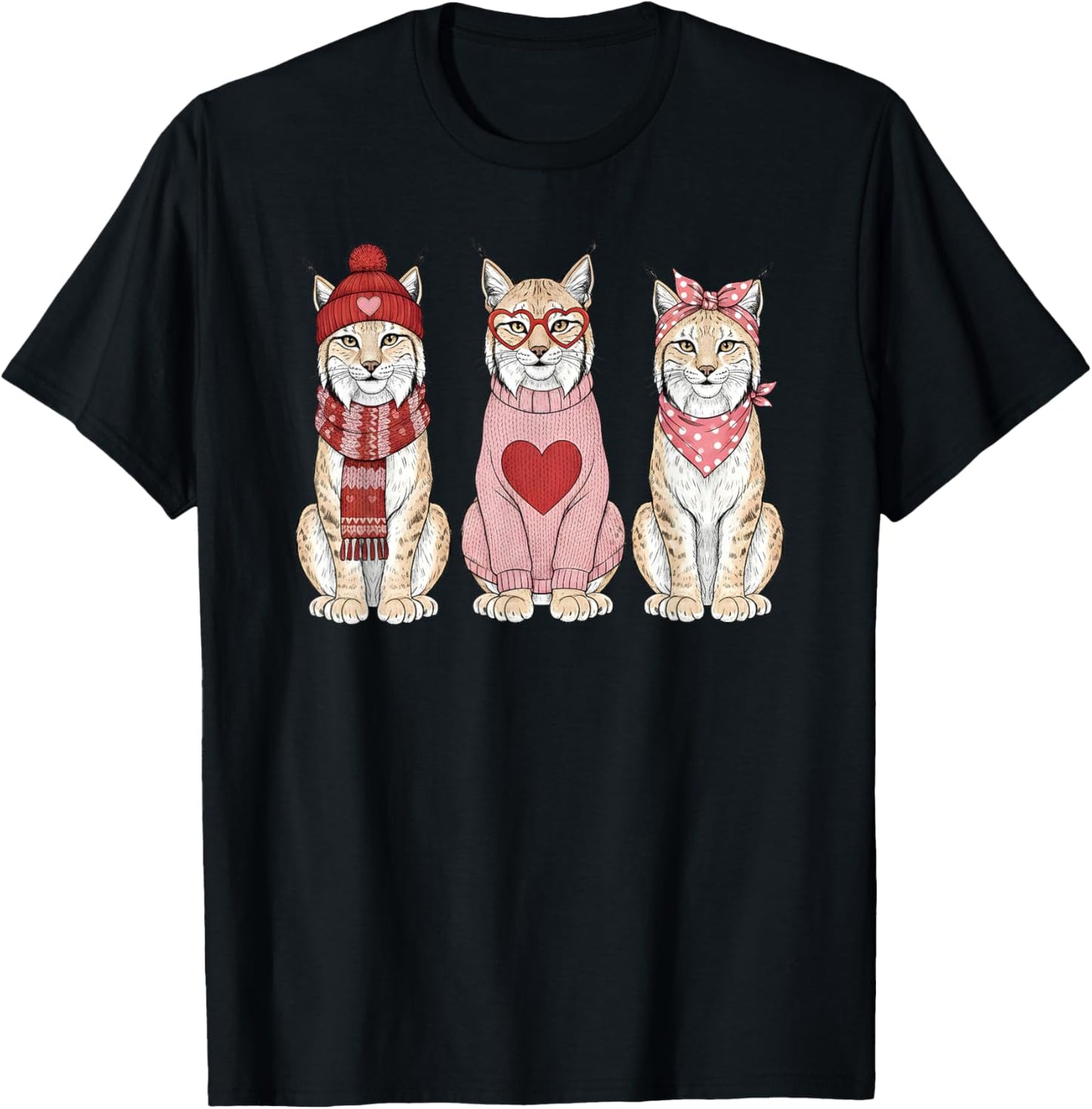 Retro Lynx Cute Valentine Wild Cat T-Shirt - T-Shirt | Black