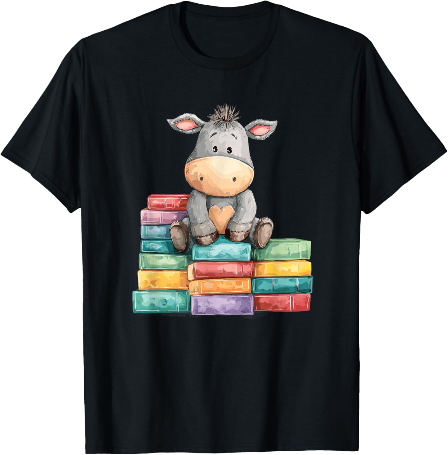 Adorable Donkey with Heart Sitting On Colorful Book Stack T-Shirt - T-Shirt | Black