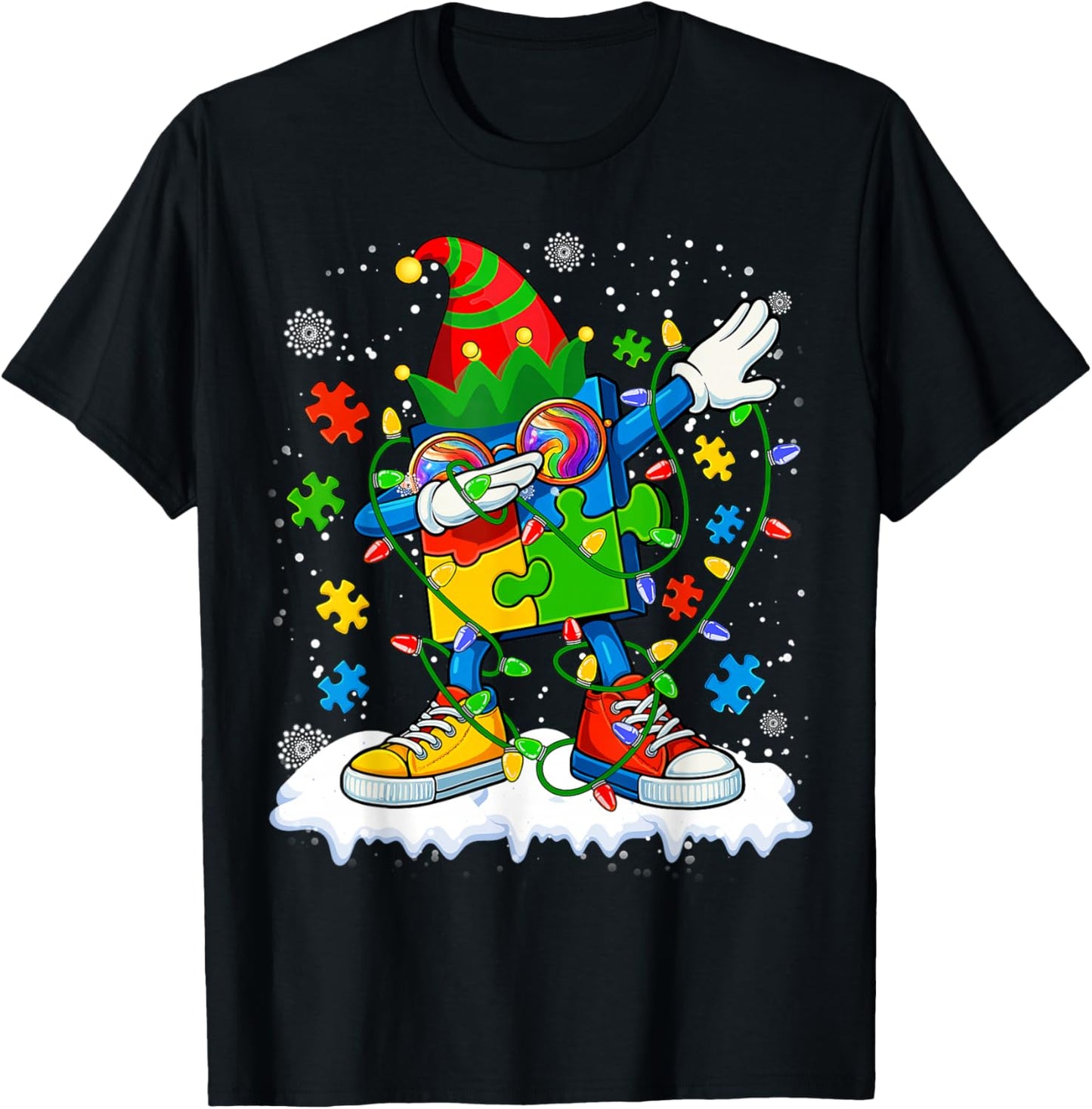 Dabbing Autism Christmas Tree Lights Xmas Men Women Kids T-Shirt - T-Shirt | Black