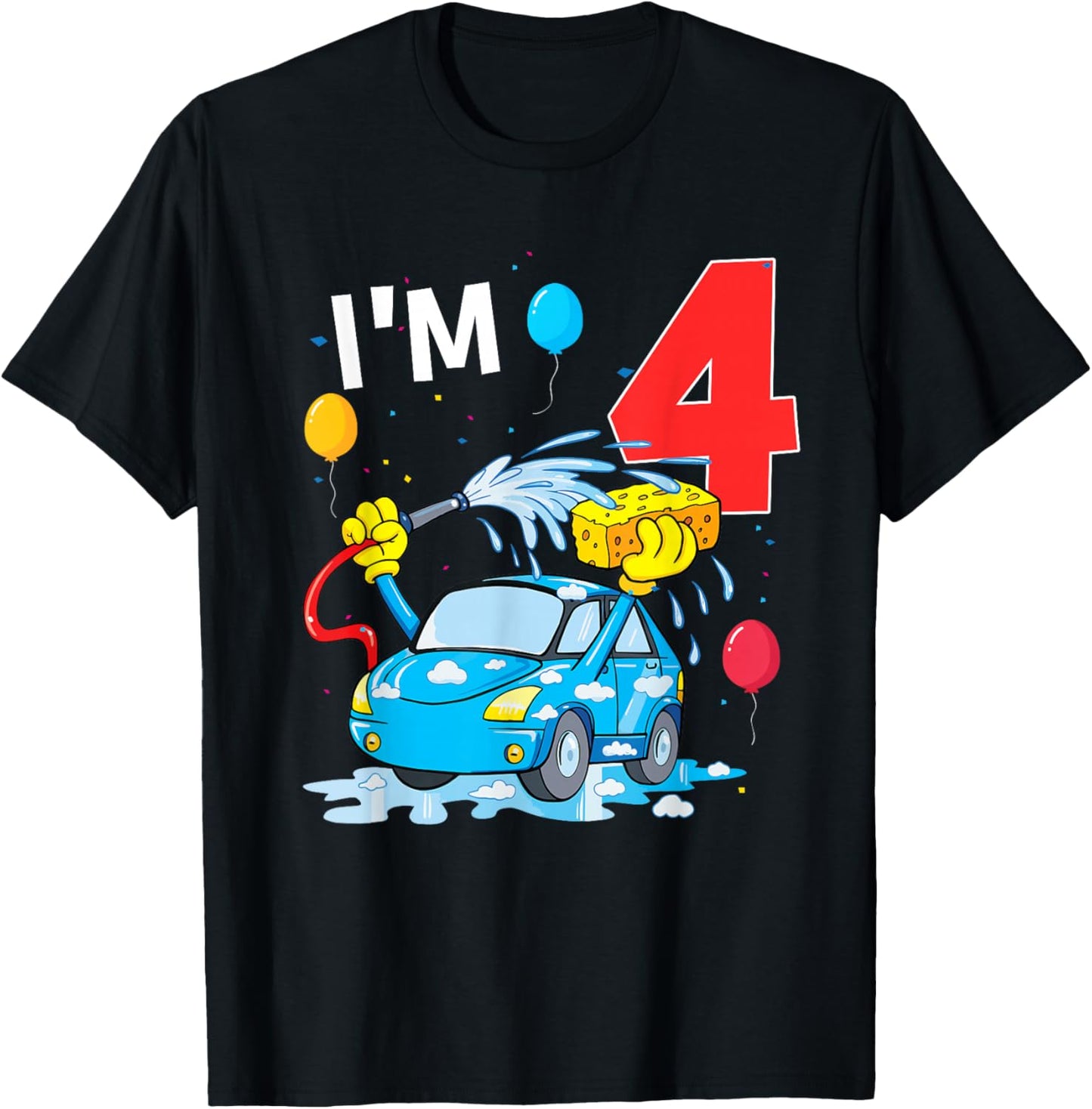 4 Year Old Bday 4th Birthday Car Wash Theme Party T-Shirt - T-Shirt | Black