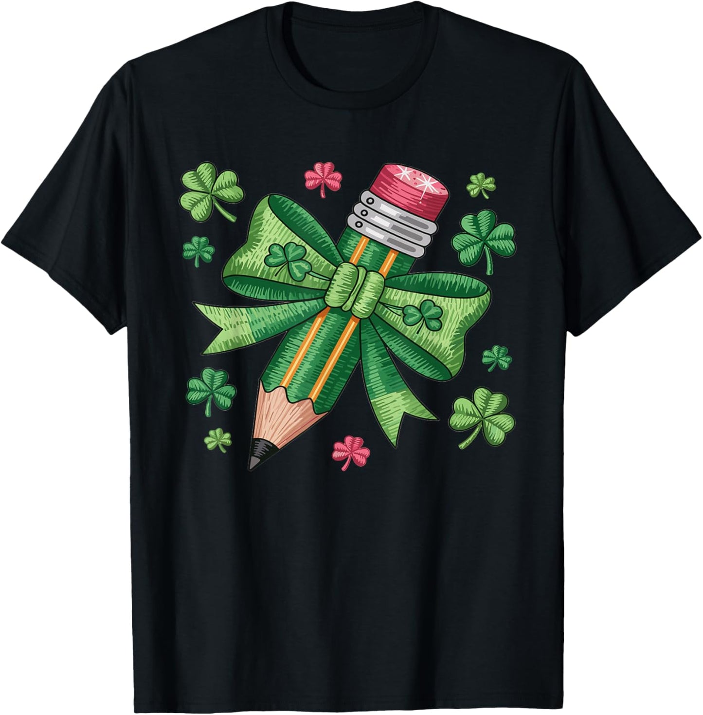 Teacher St. Patrick’s Day Pencil with Bow Shamrock Graphic T-Shirt - T-Shirt | Black