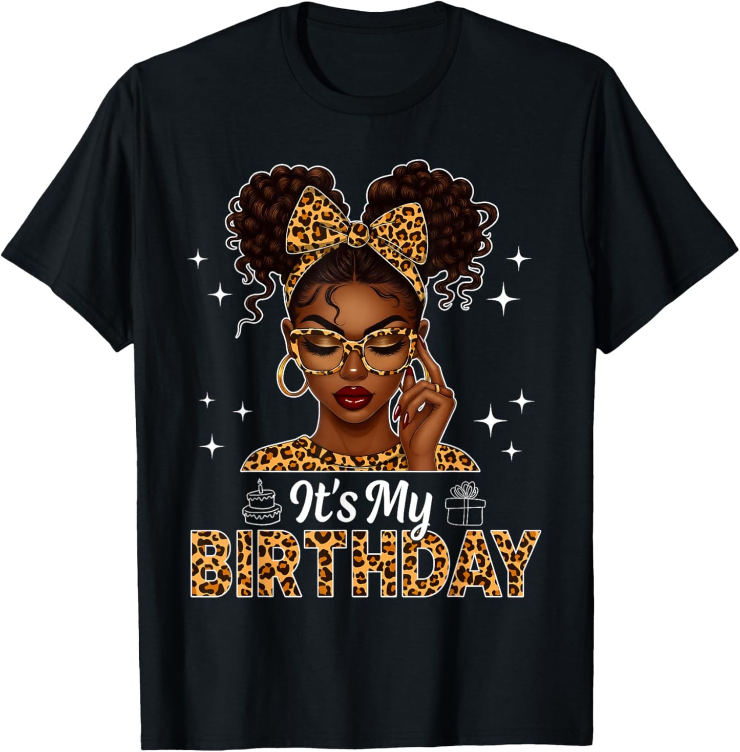 Afro Woman Black Girl Women Leopard Bow It's My Birthday T-Shirt - T-Shirt | Black