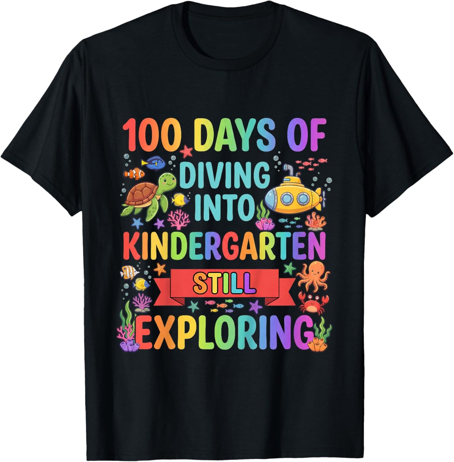 Kids 100 Day of School Diving Into Kindergarten Ocean Animals Art T-Shirt - T-Shirt | Black