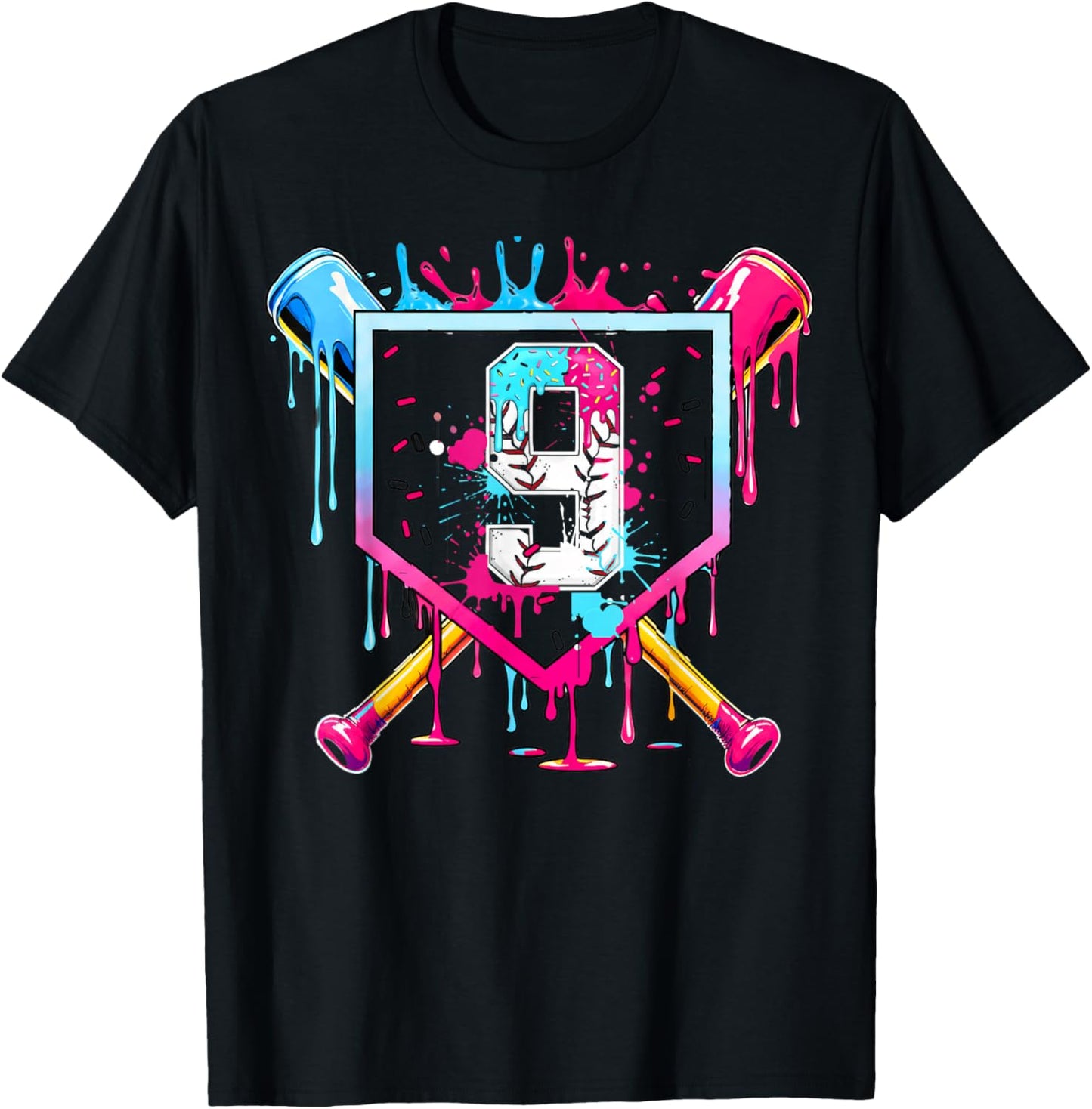 9th Birthday Boys Baseball Ice Cream Drip Boys Baseball T-Shirt - T-Shirt | Black