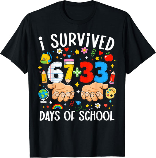 I Survived 67+33 Days of School Teacher 100 Days of School T-Shirt - T-Shirt | Black
