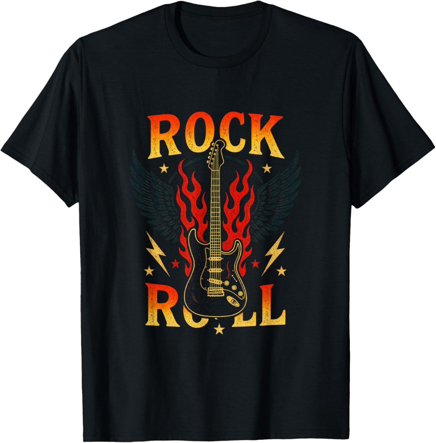 Rock Roll - Vintage Guitar Wings Music T-Shirt - T-Shirt | Black