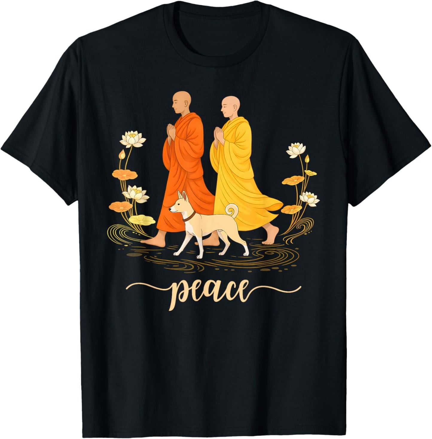 Walk for Peace Monk and Faithful Dog Zen Calm Minimalist Art T-Shirt - T-Shirt | Black