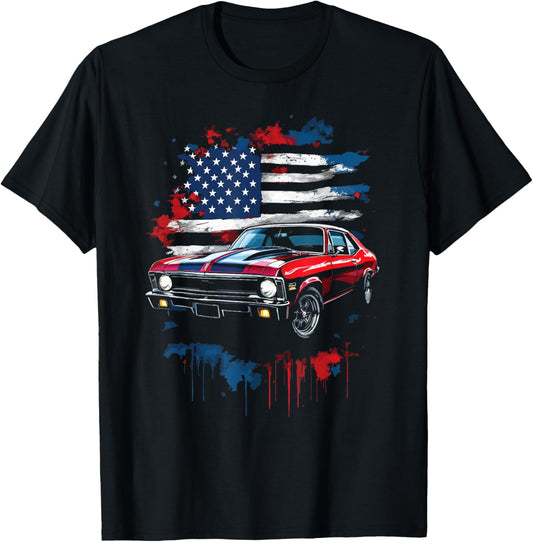 American Flag Patriotic Muscle Car 1969 Nova SS Classic Car T-Shirt - T-Shirt | Black