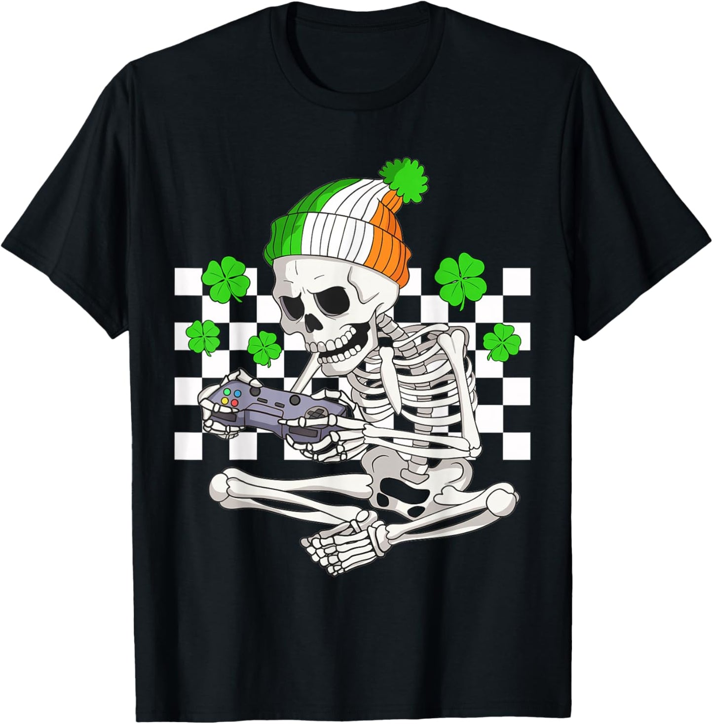Boys St Patricks Day Skeleton Gamer Video Games Gaming T-Shirt - T-Shirt | Black