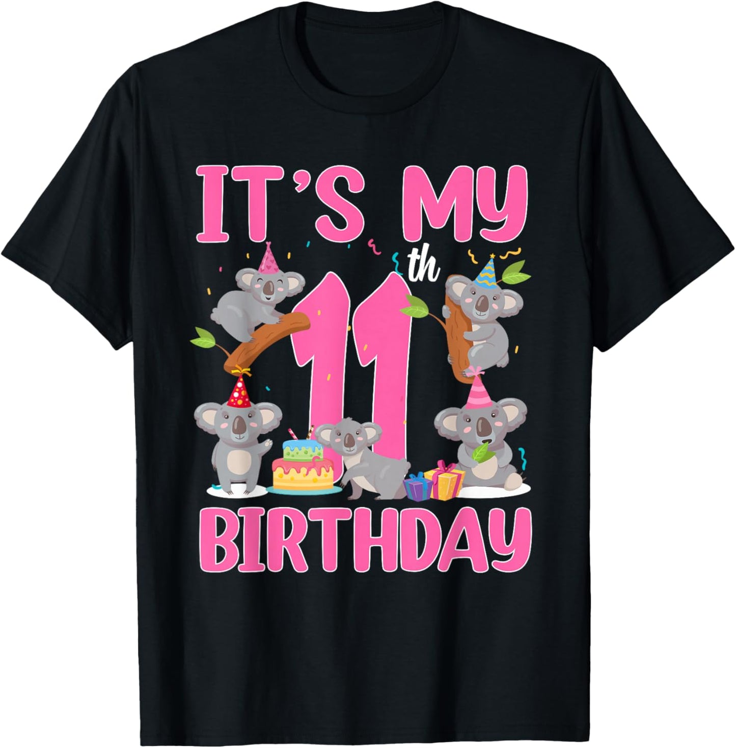 11 Year Old Birthday Girl 11th Birthday Koala Theme Party T-Shirt - T-Shirt | Black