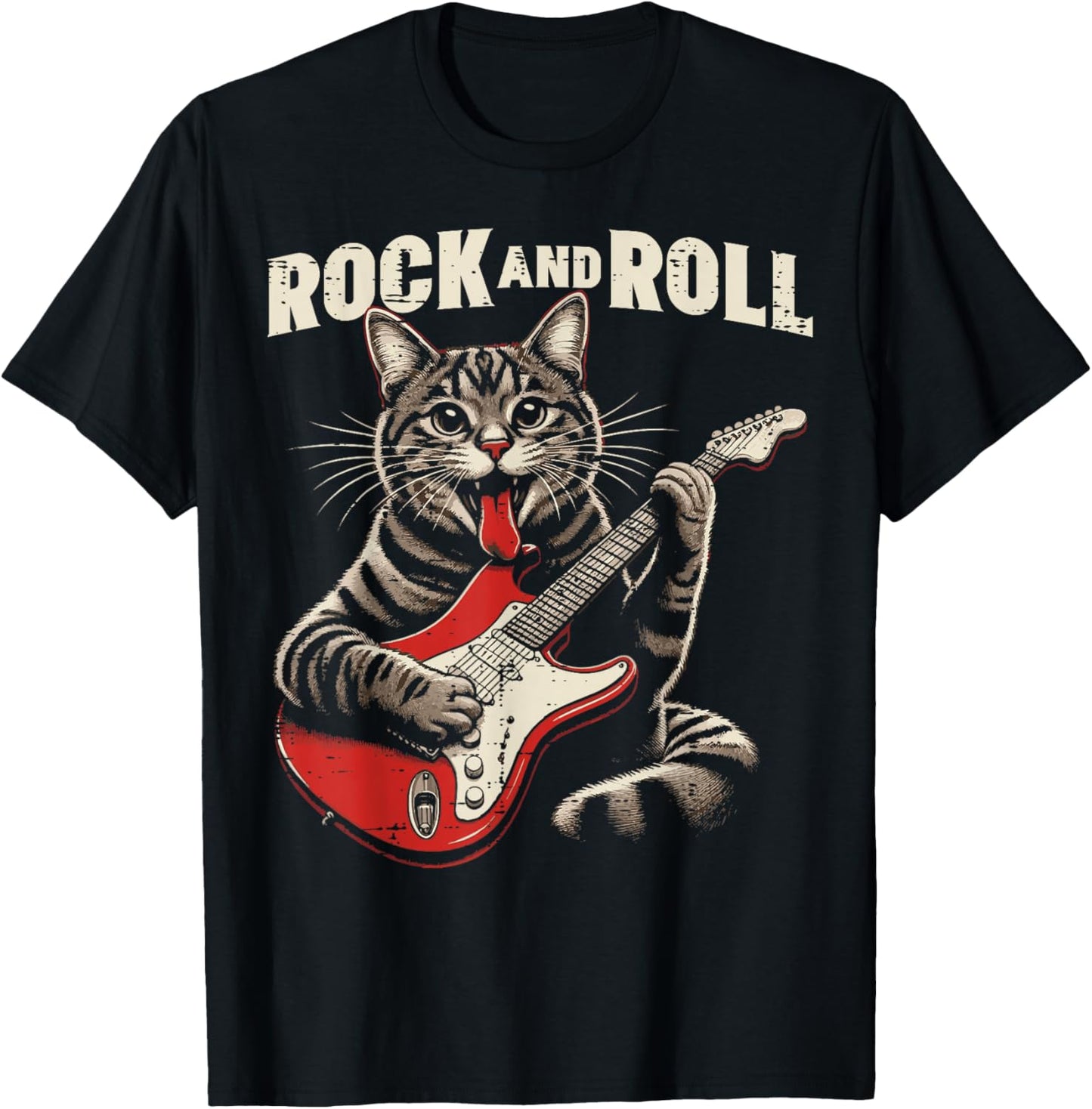 Cat Electric Guitar Rock and Roll Rocker Kitten Men Boys Kid T-Shirt - T-Shirt | Black