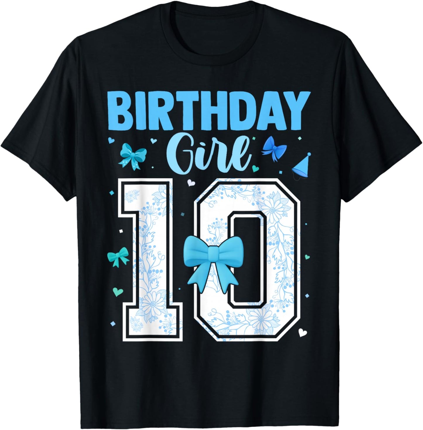 10th Birthday Girl Blue Toile Coquette Bow 10 Year Old T-Shirt - T-Shirt | Black