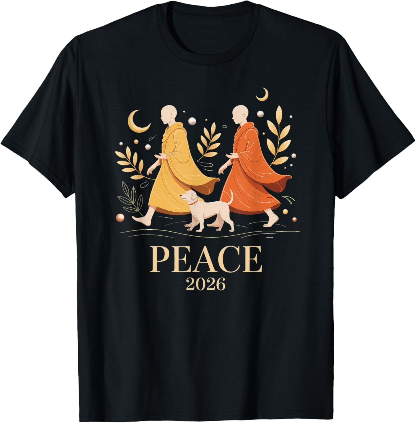 Walk Peace 2026 World Peace Monks with Aloka Dog T-Shirt - T-Shirt | Black