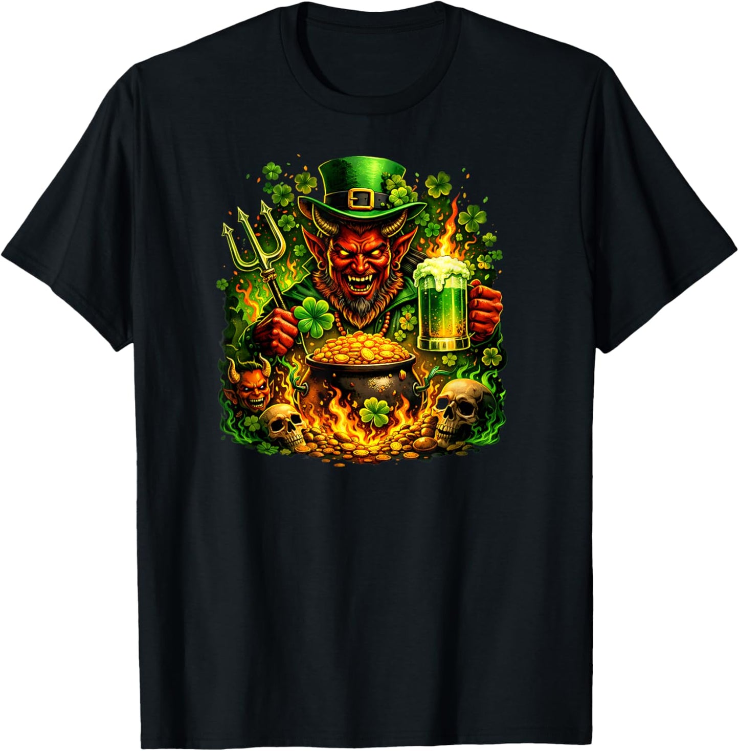Dark St Patricks Day Evil Leprechaun Devil Skull Men Graphic T-Shirt - T-Shirt | Black