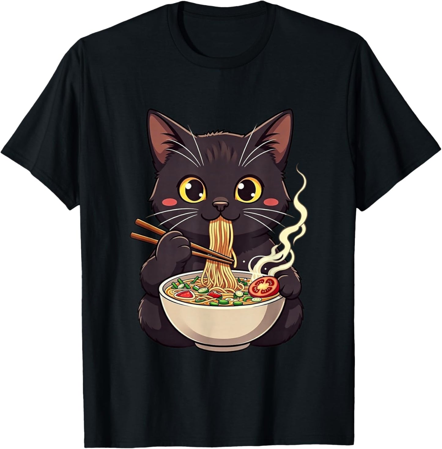 Cat Eating Ramen Cute Animal Cats Lovers T-Shirt - T-Shirt | Black